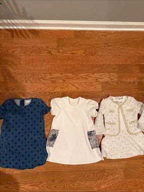 Tucker + Tate White Puff Sleeve Dress with Black Patterned Pockets